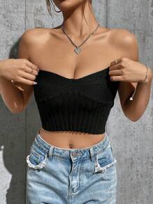 SHEIN Unity 女士無肩帶針織上衣 - 黑色 - 查看 4