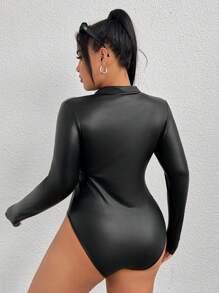 SHEIN ICON 女士加大碼拉鍊式半排釦修身連身衣 - 黑色 - 查看 2