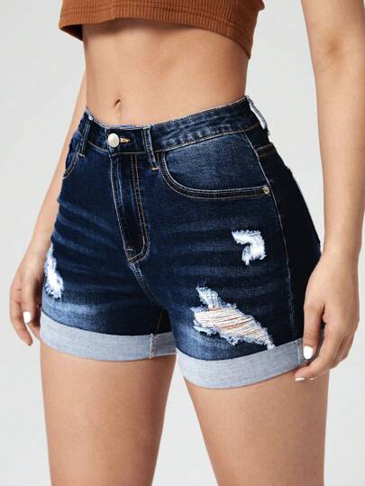 SHEIN EZwear Pantalones Cortos De Mezclilla Con Borde Deshilachado