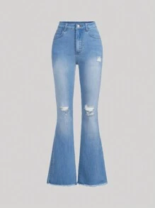 SHEIN Teen Girl Casual & Fashionable Distressed Light Washed Blue Stretchy Comfortable Flared Jeans - Medium Wash - View 1