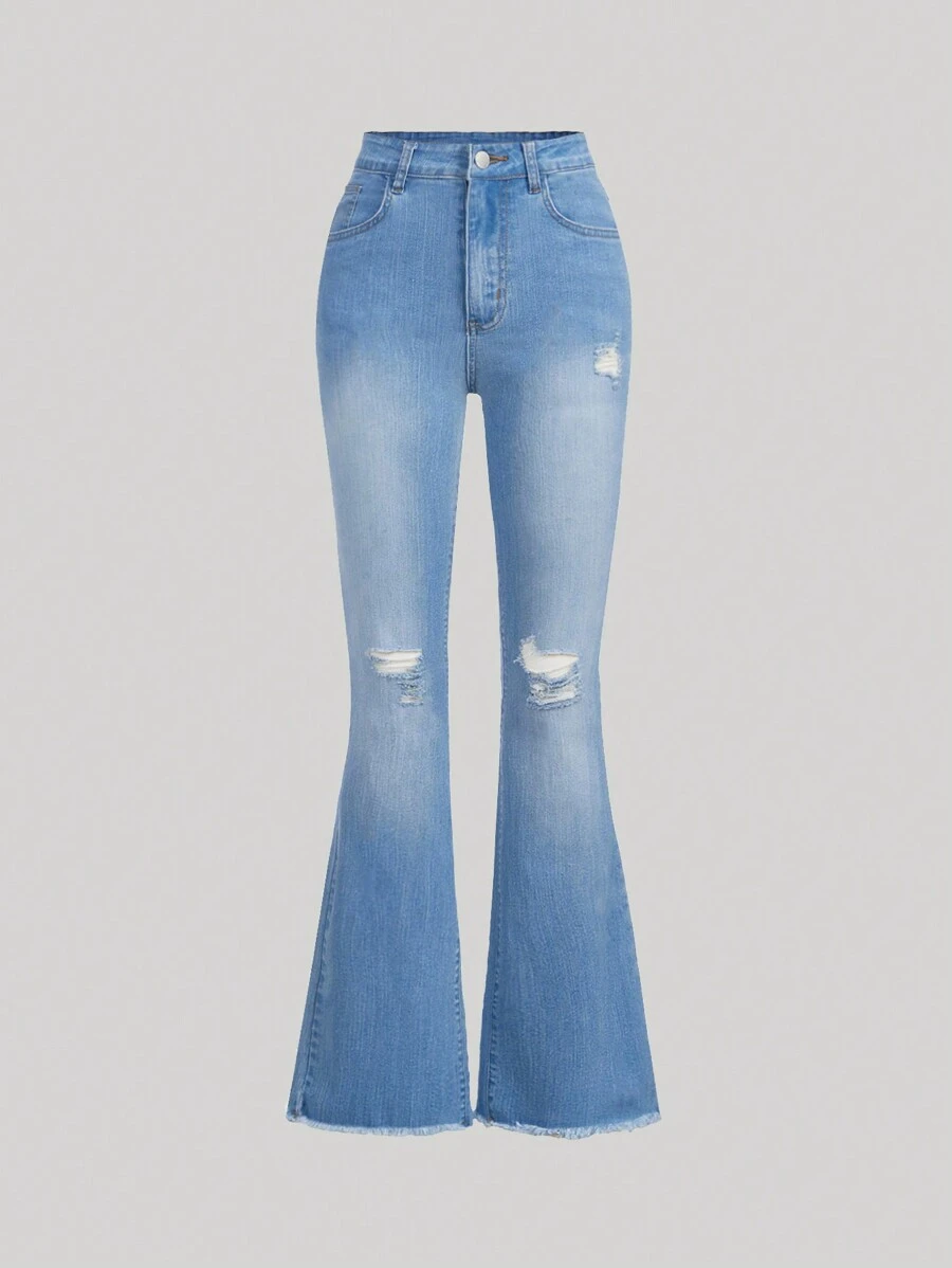 SHEIN Teen Girl Casual & Fashionable Distressed Light Washed Blue Stretchy Comfortable Flared Jeans - Medium Wash - View 1