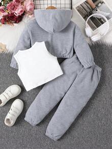 SHEIN 幼兒女孩背心上衣 + 連帽衫 + 運動褲 3 件套 - 灰色 - 查看 2