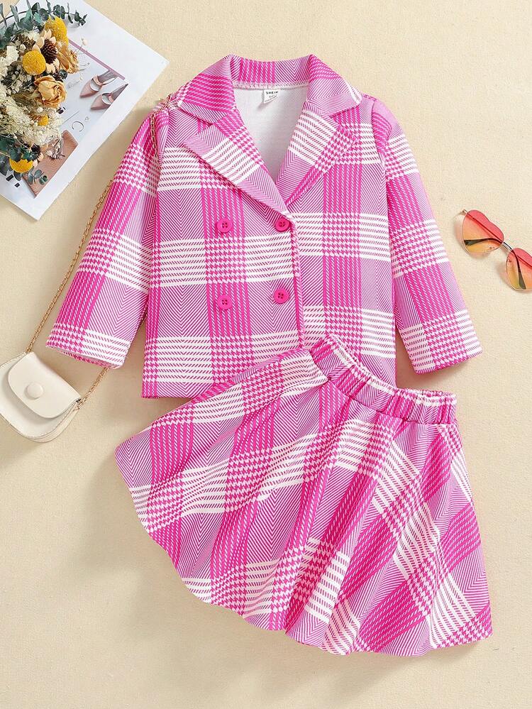 Little Girls' Plaid Printed Casual Blazer And Umbrella-Shaped Skirt Set For Autumn And Winter