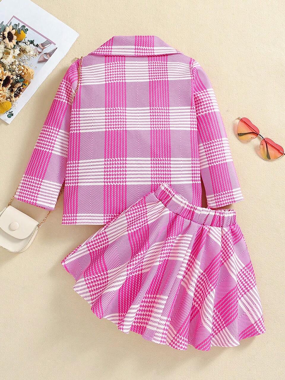 Young Girl Plaid Printed Casual Blazer And Umbrella-Shaped Skirt Set For Autumn And Winter