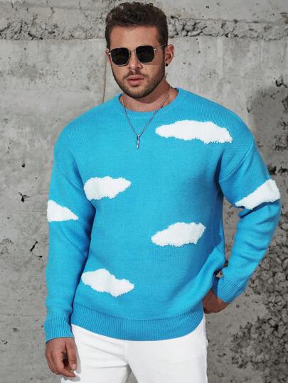Manfinity Homme Men's Plus Size Cloud Pattern Printed Round Neck Pullover Sweater