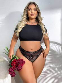 SHEIN 大码圆形蕾丝丁字裤内衣 - 黑色 - 查看 6