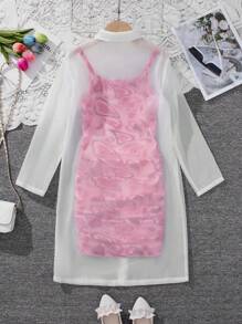Tween Girl Fashionable Heart Pattern Knit Cami Dress With Solid Color Shirt - White - View 2