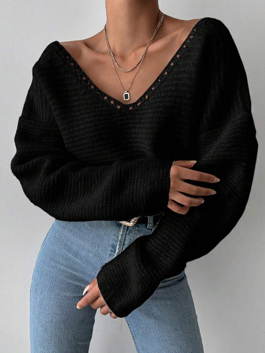 EURMUSE Maglione Oversize Da Donna Con Scollo A V Davanti E Dietro - nero - Visualizzare 1