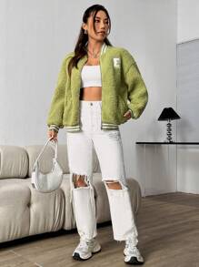 SHEIN Unity 文本和圖案圖形棒球夾克 - 綠色 - 查看 6