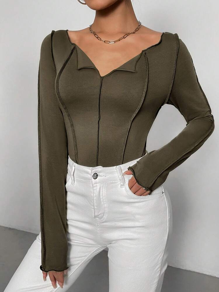 Women Spring And Autumn Leisure Solid Color Notch Neckline Contrast Stitching Long Sleeve T-Shirt