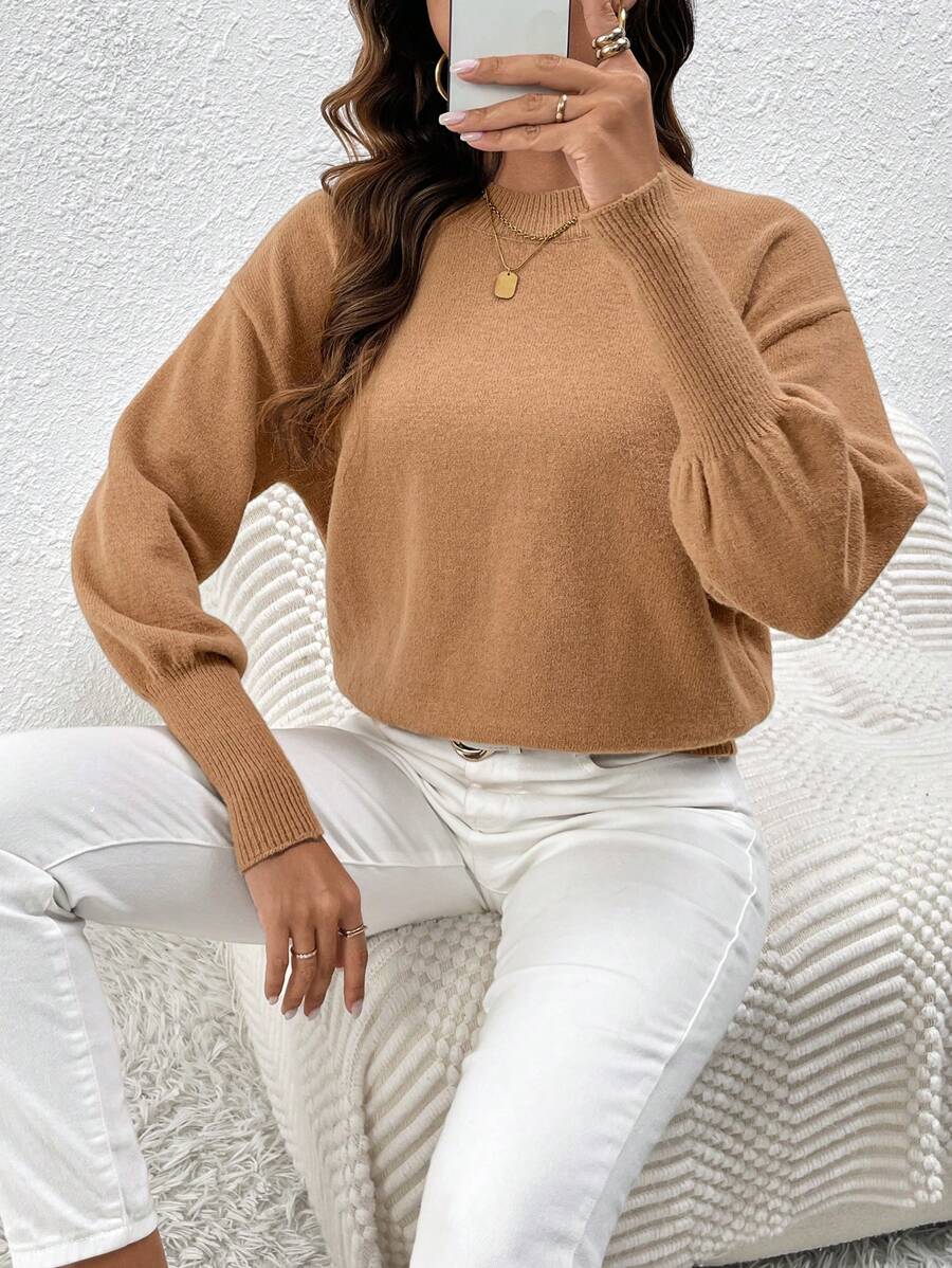 SHEIN LUNE Women's Drop Shoulder Solid Color Knit Pullover Fall Winter Sweater - Khaki - View 1