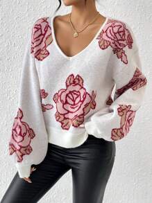 SHEIN Frenchy Floral Pattern V-neck Sweater Pullover - Pink - View 1