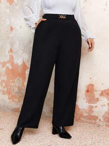 SHEIN Franclia 大尺碼高腰直筒褲 - 黑色 - 查看 4