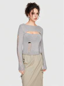 ROMWE Grunge Punk Thời gian rảnh rỗi Gợi cảm Thiết kế rỗng Đau khổ 2 trong1 Chặt Co giãn Của phụ nữ Áo len - Xám - Xem 5