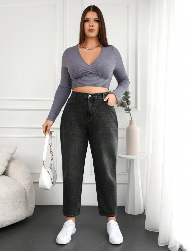 EURMUSE Quần Jeans Mom Jeans Cỡ Lớn Đã Giặt Cho Nữ - Màu xám đen - Xem 3
