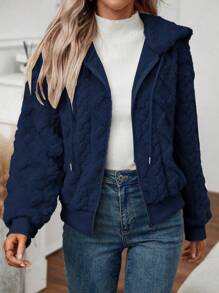 EMERY ROSE Textured Plush Hooded Jacket - Navy Blue - View 6