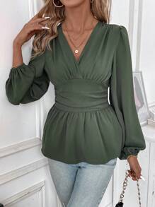 SHEIN LUNE Women's Lantern Sleeve Shirt With Ruffled Hemline - Army Green - View 6