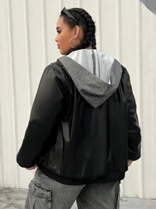 SHEIN EZwear Women's Plus Size Hooded Zipper Up Warm Jacket - Multicolor - View 2