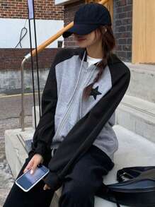 DAZY 女式秋季五角星图案插肩袖拉链前开连帽运动衫，休闲保暖内衬 - 灰色 - 查看 3