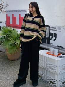 DAZY 女用條紋 Polo 領毛衣 - 卡其色 - 查看 5