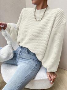 SHEIN Essnce Women's Stand Collar Drop Shoulder Design Long Sleeve Sweater Pullover - White - View 1