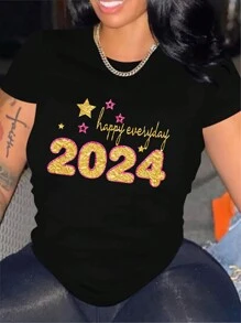 INAWLY Kích thước lớn Ngắn tay Áo thun Với Thiết kế - màu đen - Xem 1