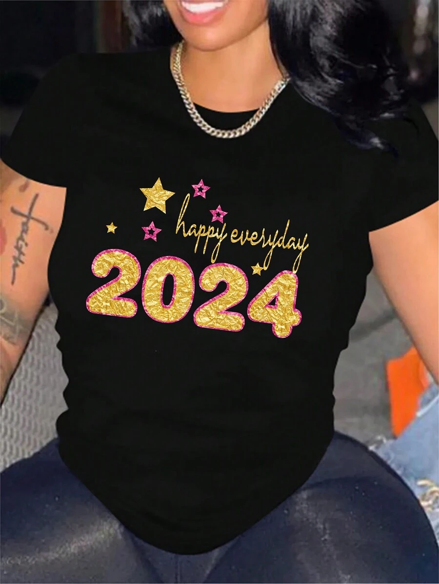 INAWLY Kích thước lớn Ngắn tay Áo thun Với Thiết kế - màu đen - Xem 1