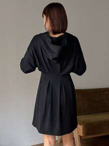 FRIFUL Women's Plain Drawstring Hooded Pleated Dress - Black - View 2