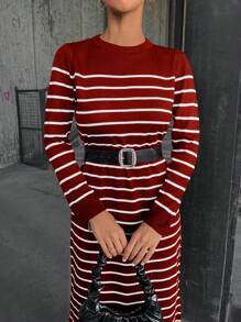 Cloudara Striped Long Sleeve Round Neck Sweater Dress - Red - View 4