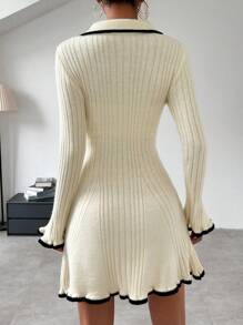 Chiquease Vestido Estilo Suéter Con Ribetes Y Detalle De Solapa En Bloques De Color - Albaricoque - Ver 2