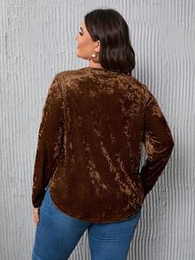 SHEIN LUNE Plus Size Women's Sequin Pocket Velvet T-shirt - Brown - View 2