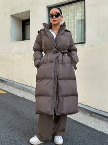 DAZY Women's Zippered Hooded Padded Coat With Belted Waist, Ladies Winter Casual Belted, Pocket, Zipper Regular Sleeve Hooded Regular Fit Mocha Brown Plain Women Padded Coats, Winter Warmth/ Winter Fashion ,Winter Women Clothes,Winter Coat Women - Mocha Brown - View 3