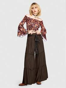 ROMWE Hippie Mushroom And Flower Pattern Blouse With Flare Sleeves, Crop Top - Multicolor - View 5