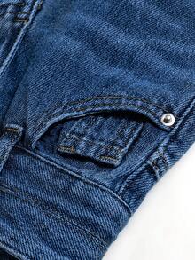 Little Girls' High Waisted Flared Jeans With Silver Button And Medium Wash Blue - Medium Wash - View 3