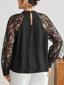 BizChic Hơn Ren tương phản Tay Raglan Cổ giả Áo sơ mi - màu đen - Xem 2