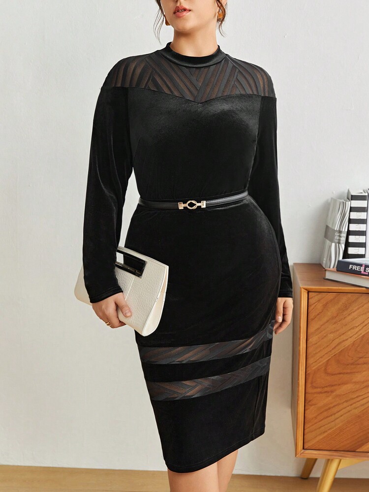 BizChic Plus尺寸網眼天鵝絨上衣和裙子套裝(不含皮帶) - 黑色 - 查看 6