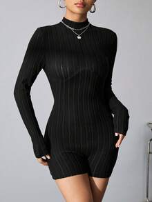 SHEIN Unity 立領肋紋修身連體裝 - 黑色 - 查看 4