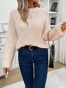 SHEIN Essnce 肋針針織圓領拉幫袖毛衣 - 米色 - 查看 3