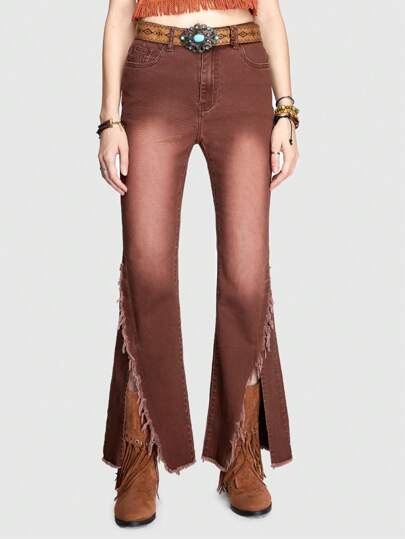ROMWE Hippie Women's Frayed Hem Split Flared Jeans