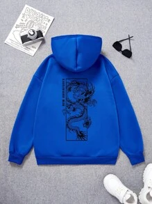 Áo nỉ nỉ in hình rồng và chữ cái phong cách thường ngày dành cho thiếu niên nam. - Màu xanh lam - Xem 1