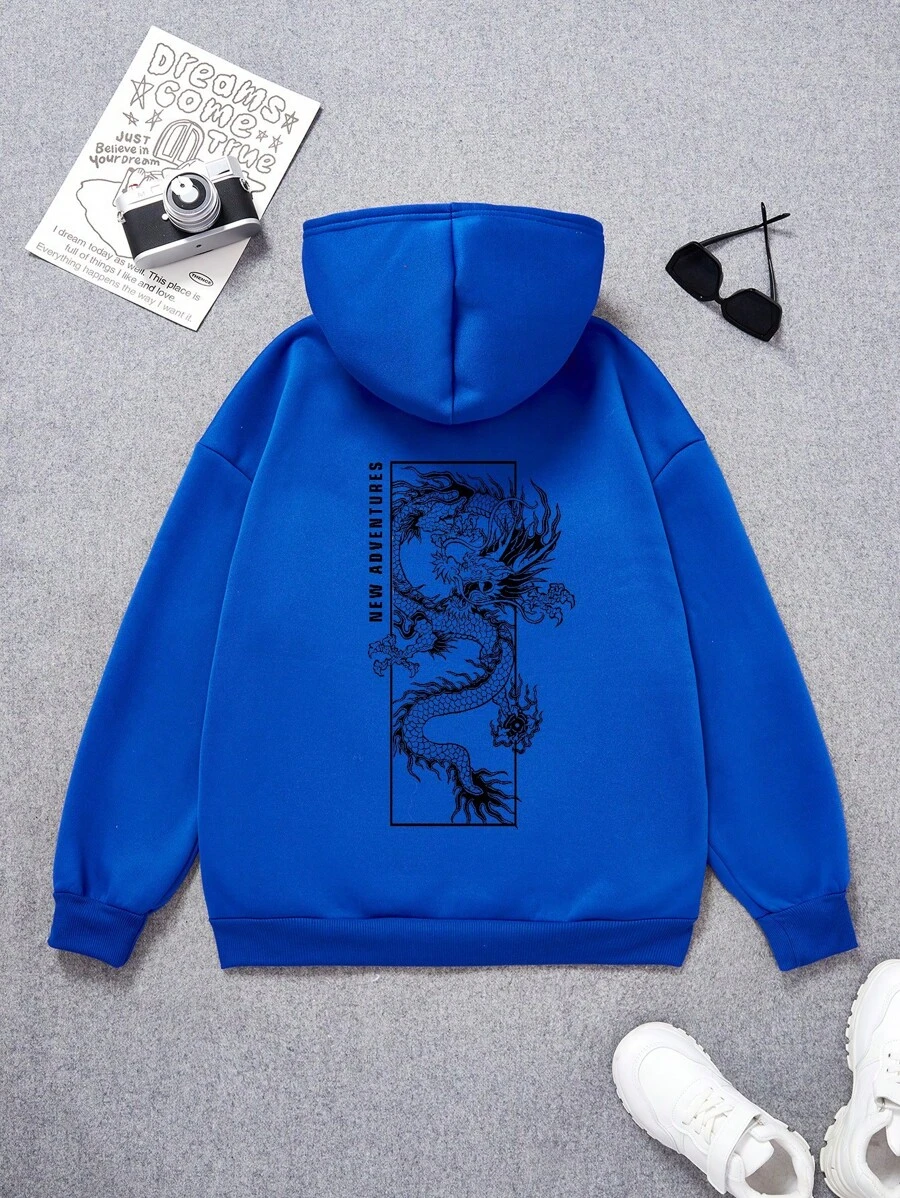 Áo nỉ nỉ in hình rồng và chữ cái phong cách thường ngày dành cho thiếu niên nam. - Màu xanh lam - Xem 1