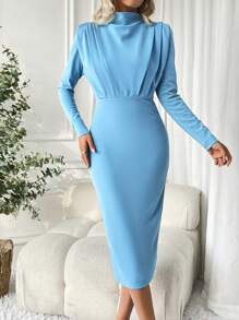 SHEIN Privé Đầm ôm sát cổ đứng màu trơn dành cho nữ - Màu xanh lam - Xem 1