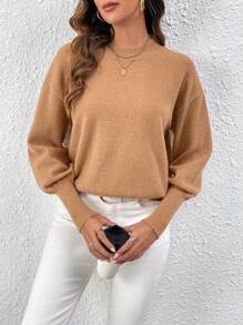 SHEIN LUNE Women's Drop Shoulder Solid Color Knit Pullover Fall Winter Sweater - Khaki - View 6
