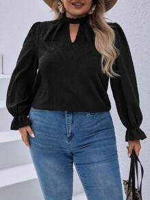 SHEIN VCAY Plus Size Keyhole Neckline Ruffle Sleeve Top - Black - View 6