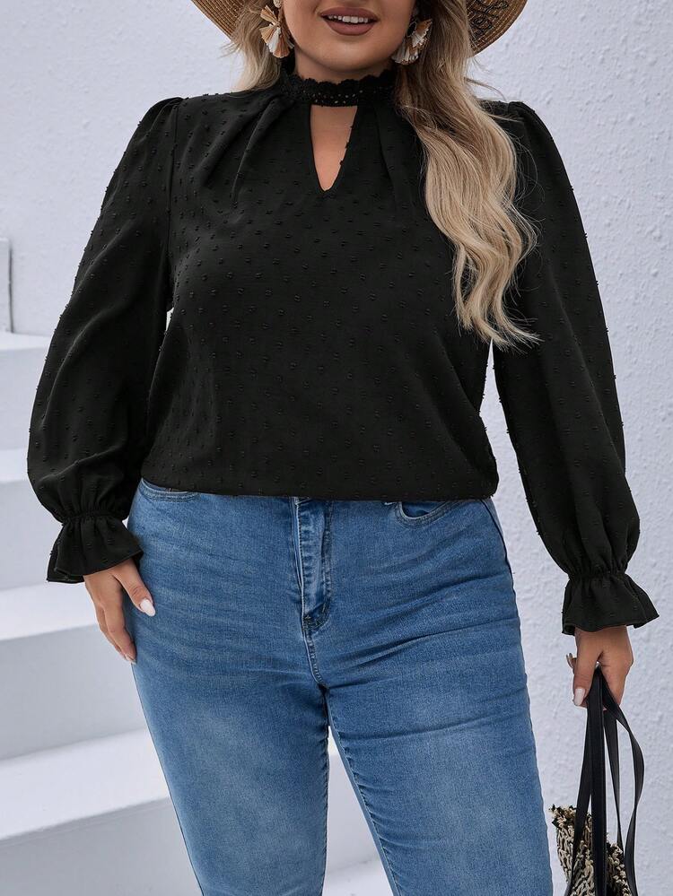 Plus Size Keyhole Neckline Ruffle Sleeve Top