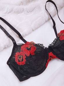 Women's Floral Embroidery Mesh Sexy Lingerie Set - Black - View 4
