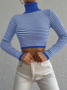 EURMUSE 條紋圖案高領短款毛衣 - 藍白色 - 查看 4