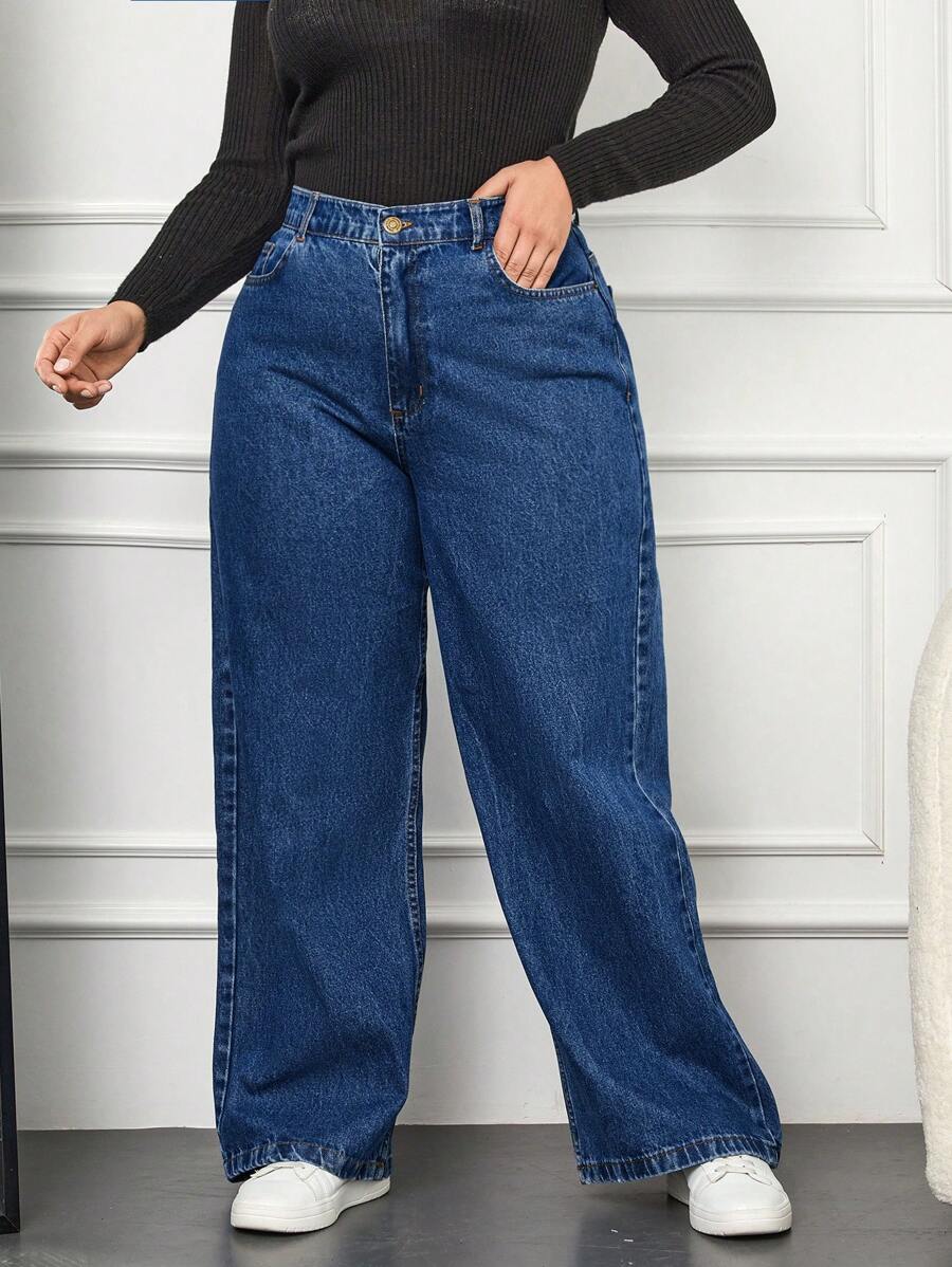 EURMUSE Plus Size Jeans With Built-in Zipper - Dark Wash - View 1