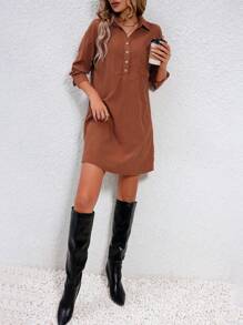 SHEIN LUNE Ladies' Half-button Placket Dress - Coffee Brown - View 5