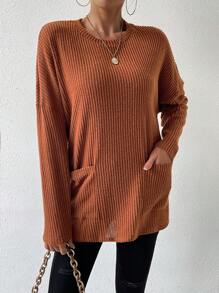 SHEIN Essnce 女式寬鬆落肩羅紋 T 卹 - 咖啡棕 - 查看 1